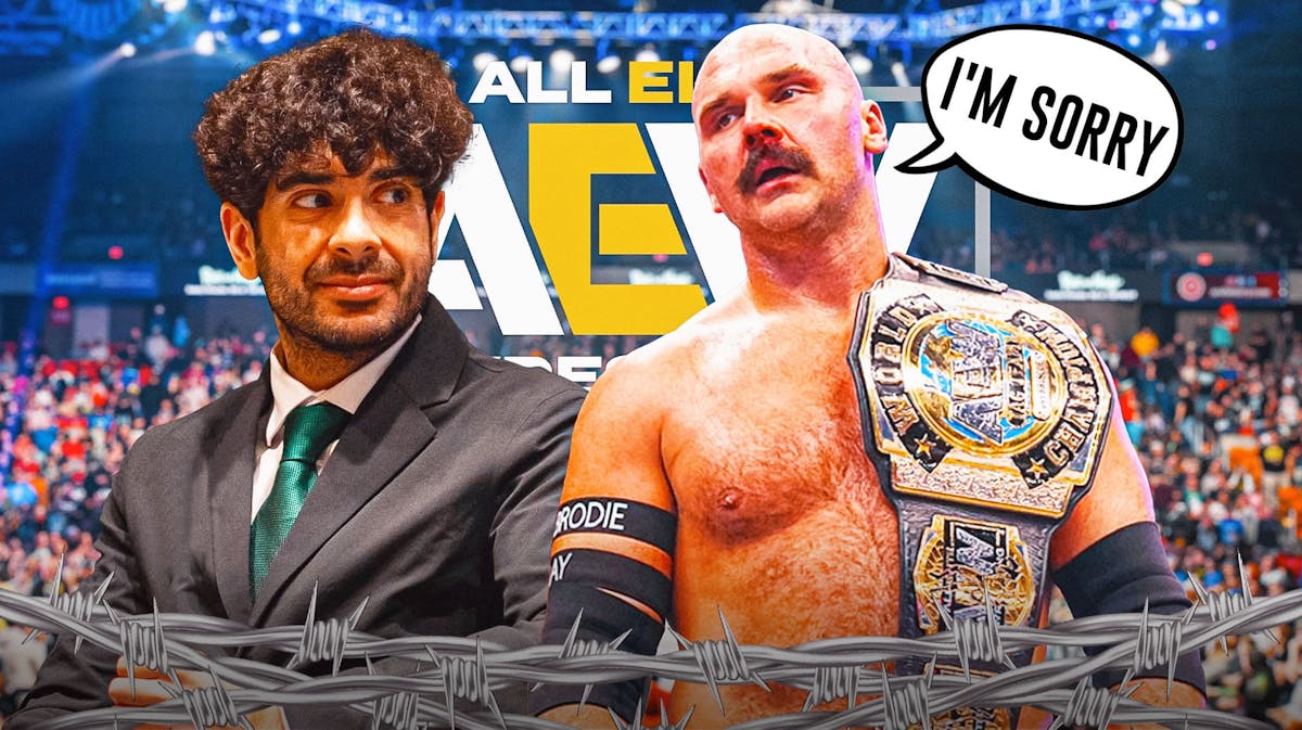 Dax Harwood with a text bubble reading "I'm sorry" next to Tony Khan with the AEW logo as the background.