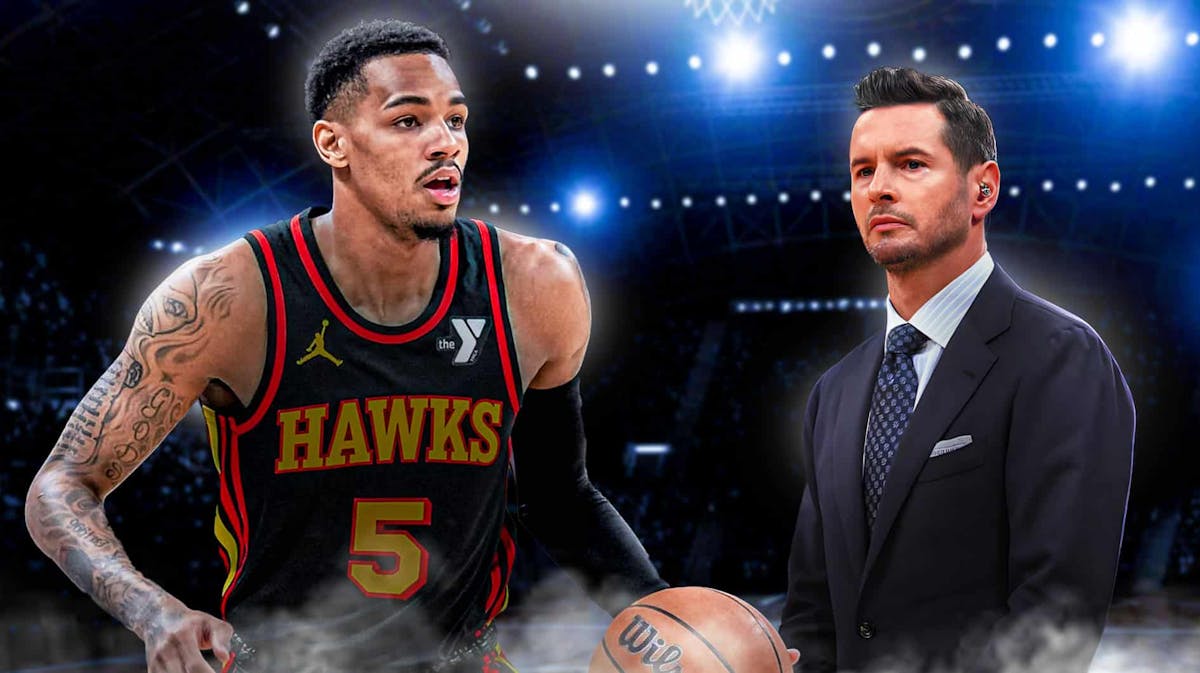Atlanta Hawks star Dejounte Murray and Los Angeles Lakers head coach JJ Redick in front of Crypto.com Arena.