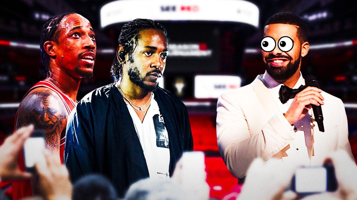 DeMar DeRozan and Kendrick Lamar on one side, Drake on the other side with the big eyes emoji over his face