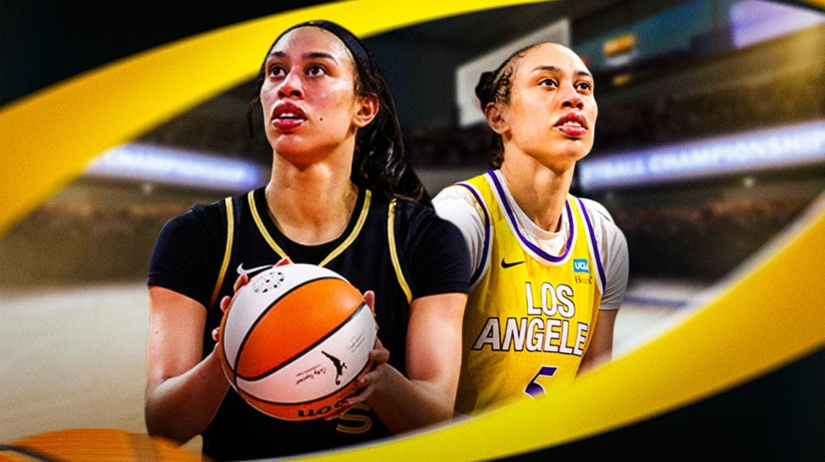 Los Angeles Sparks player Dearica Hamby, with the city of Los Angeles, California as the background, and with hearts and stars