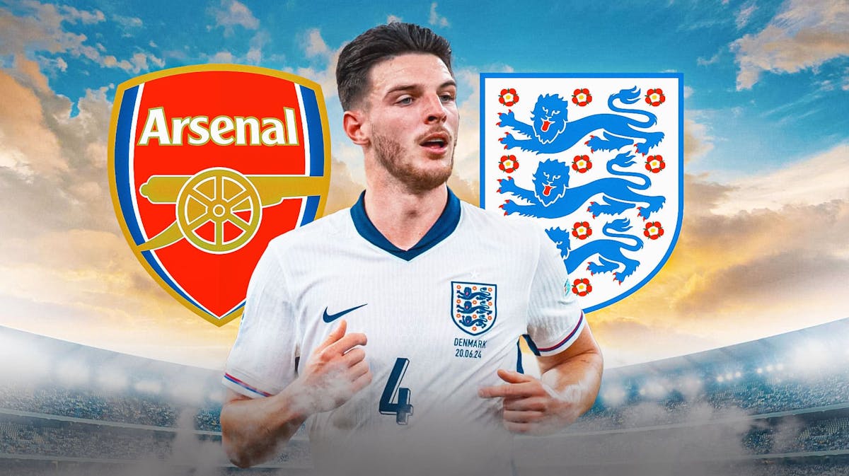 Declan Rice in front of the Arsenal and England team logos