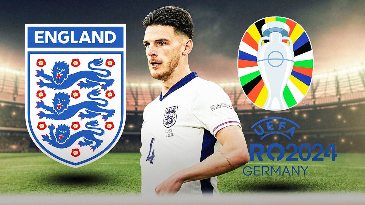 Declan Rice in front of the Euro 2024 and England logos