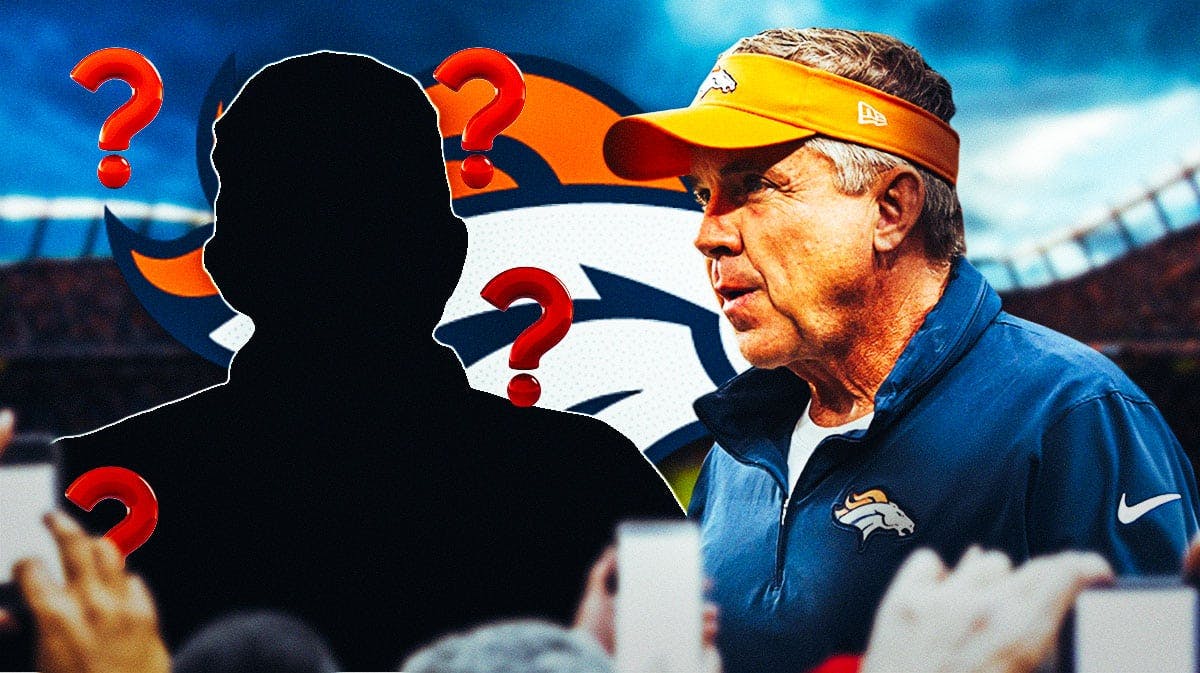 Denver Broncos head coach Sean Payton next to a silhouette of a coach with a question mark emoji inside. There is also a logo for the Denver Broncos.