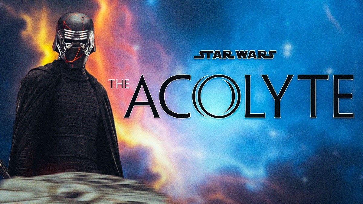 Kylo Ren (Adam Driver) next to Star Wars: The Acolyte logo and space background.