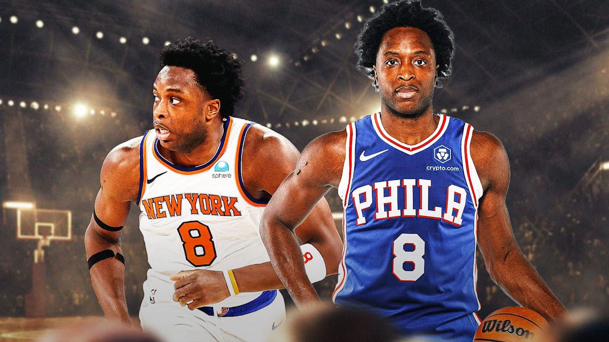 OG Anunoby wearing a Knicks uniform on the left and OQ Anunoby wearing a Sixers Uniform on the right on a Sixers basketball court.