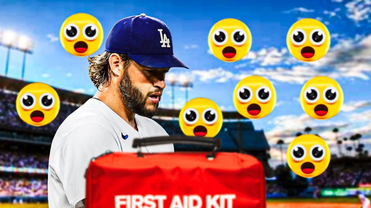 Clayton Kershaw with an injury kit in front of him and a bunch of the big eyes emojis in the background