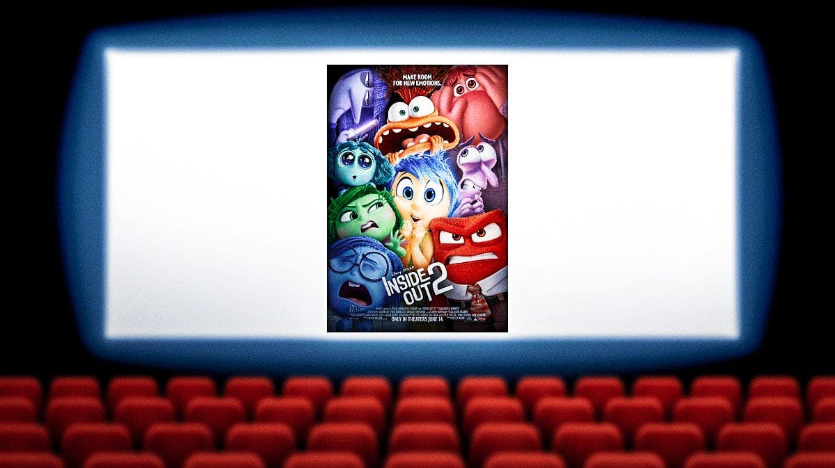 Inside Out 2 poster on movie theater screen.