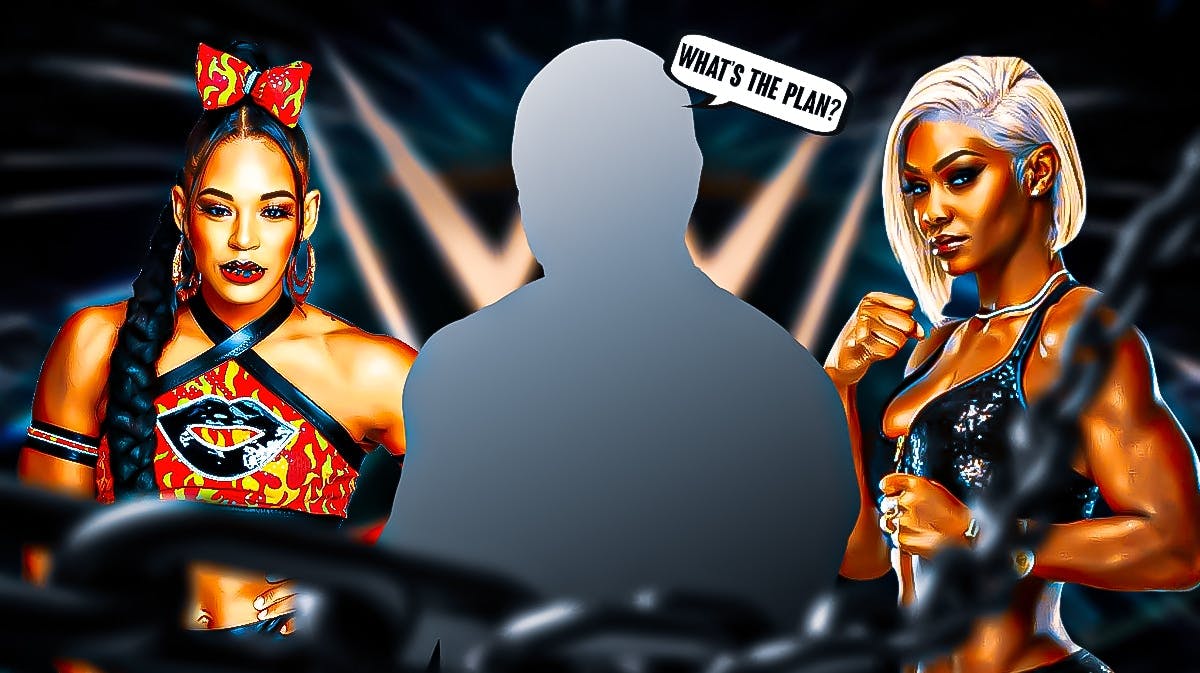 The blacked-out silhouette of Bully Ray with a text bubble reading "What's the plan?" next to Jade Cargill and Bianca Belair with the WWE logo as the background.