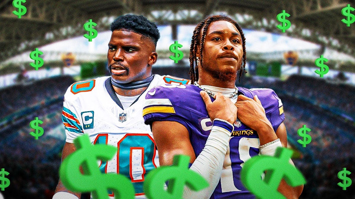 Tyreek Hill and Justin Jefferson with dollar signs around them