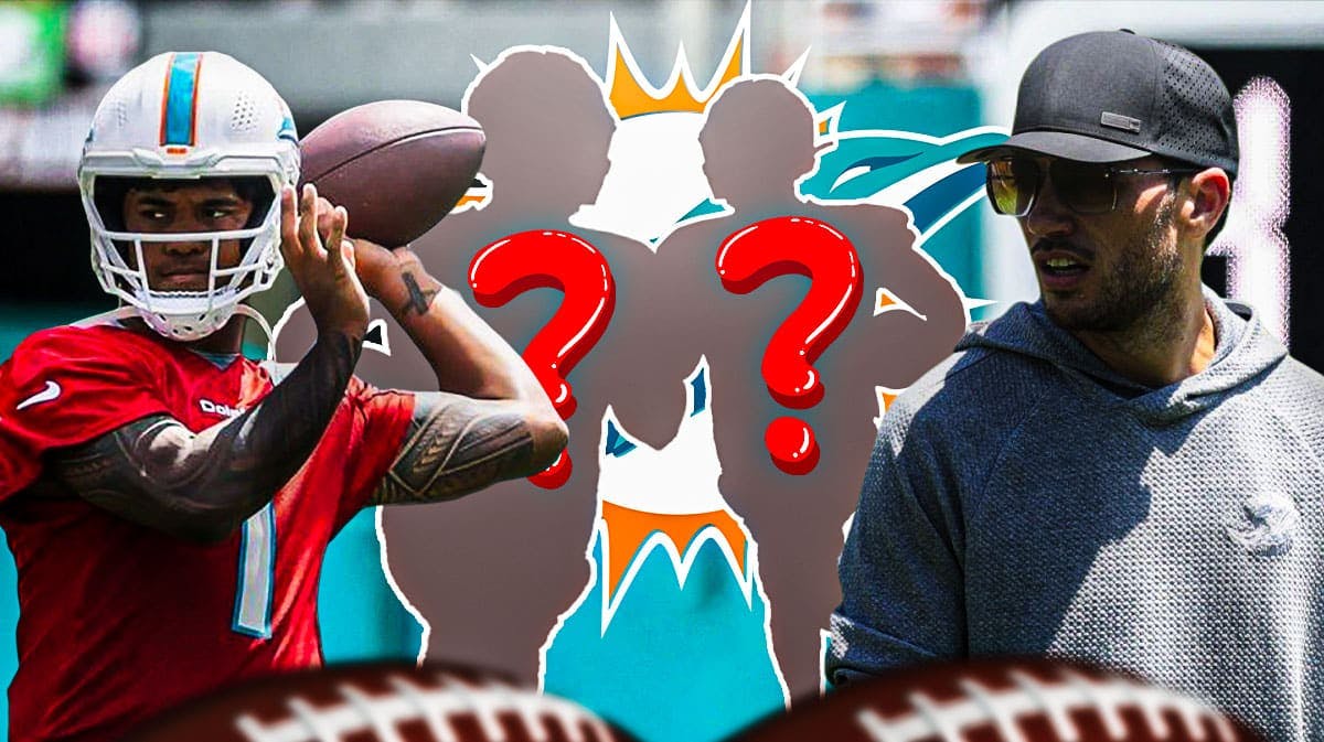 Miami Dolphins head coach Mike McDaniel with QB Tua Tagovailoa and two silhouettes of American football players with big question mark emojis inside. There is also a logo for the Miami Dolphins.