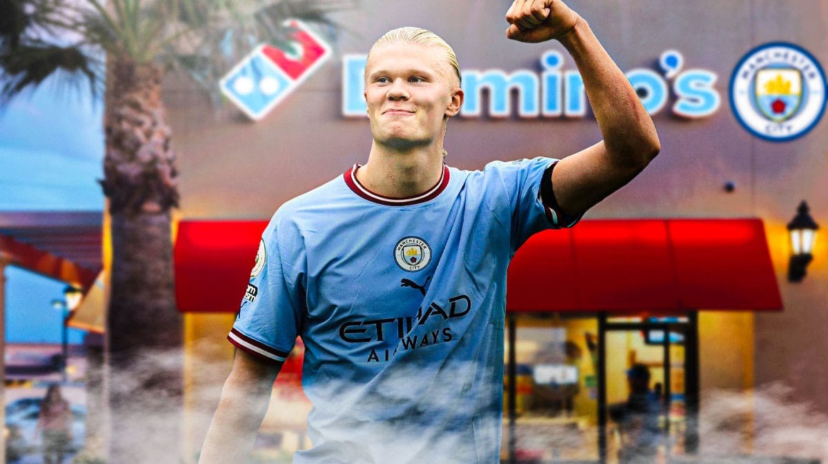 Erling Haaland in front of a Domino's Pizza, the Manchester City logo in the air