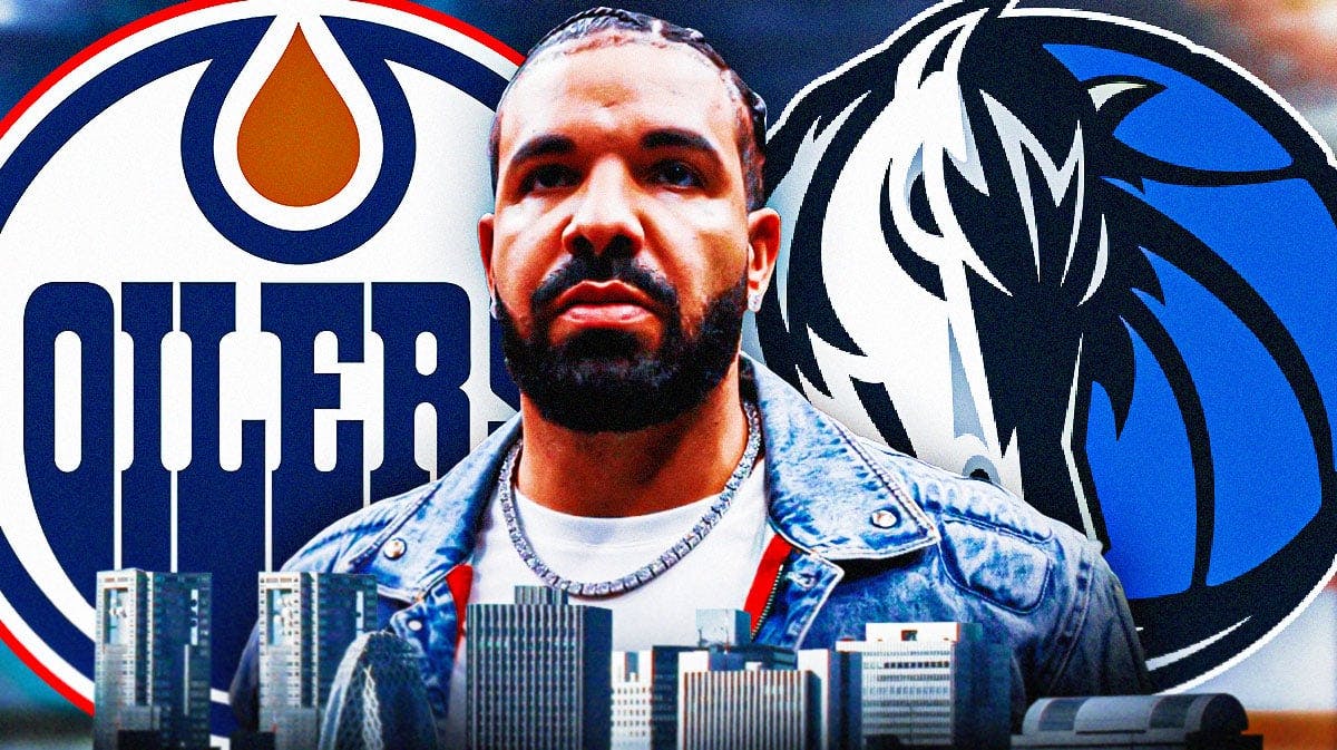 Drake in image looking stern, Edmonton Oilers and Dallas Mavericks logo on each side, hockey rink in background