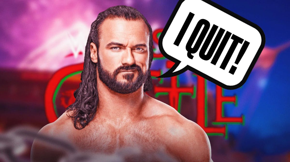 Drew McIntyre with a text bubble reading "I Quit!" with the Clash at the Castle logo as the background.