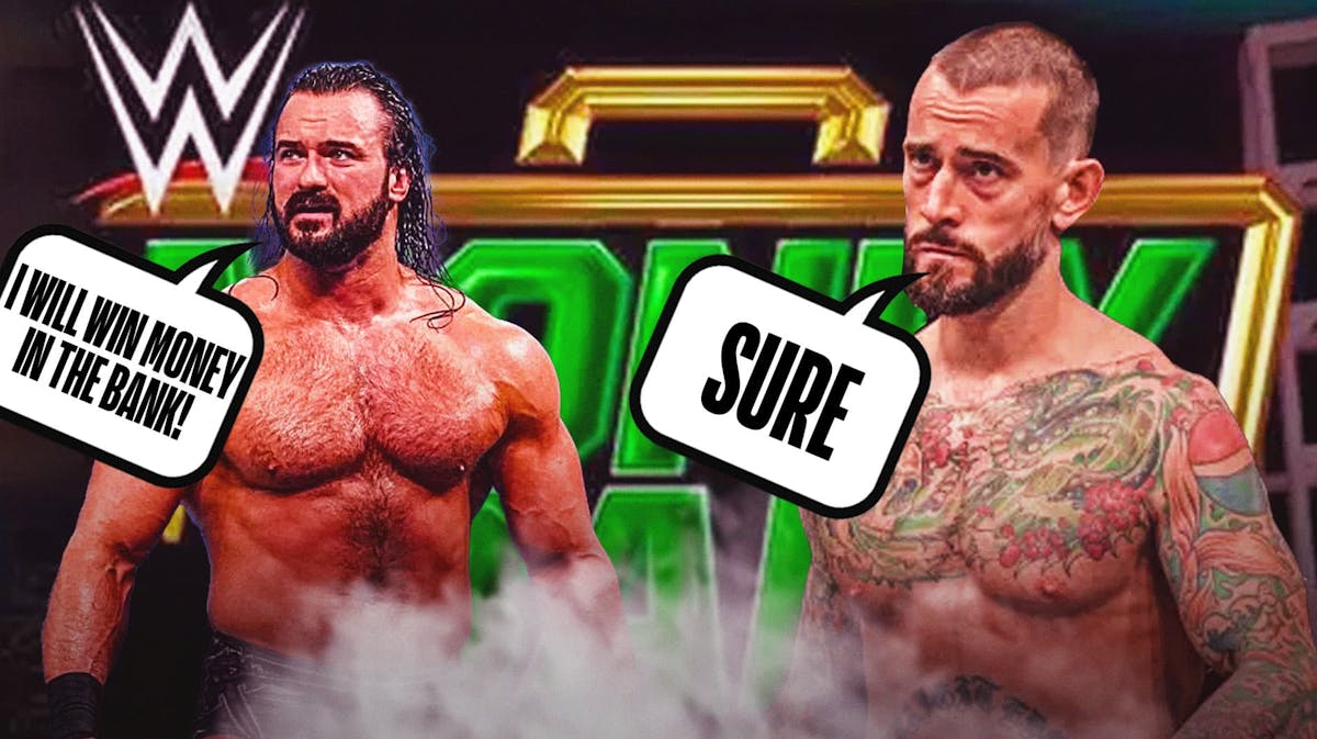 Drew McIntyre with a text bubble reading "I will win Money in the Bank!" next to CM Punk with a text bubble reading "Sure" with the 2024 Money in the Bank logo as the background.