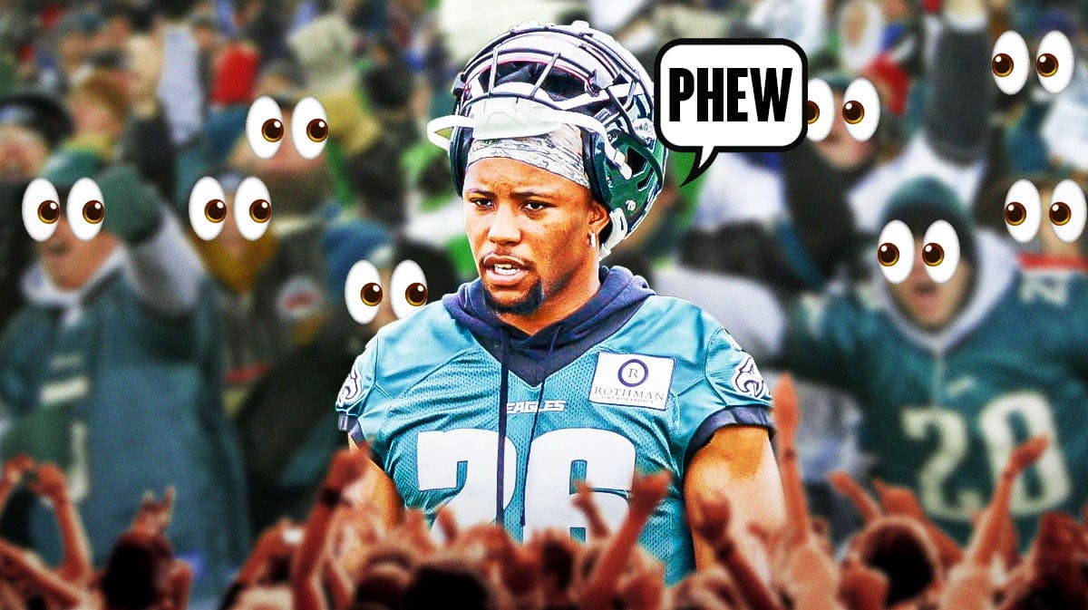 Saquon Barkley in a Philadelphia Eagles uniform on one side with a speech bubble that says "Phew" a bunch of Philadelphia Eagles fans on the other side with the big eyes emoji over their faces