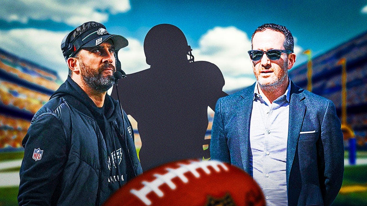Nick Sirianni and Howie Roseman with mystery player silhouette