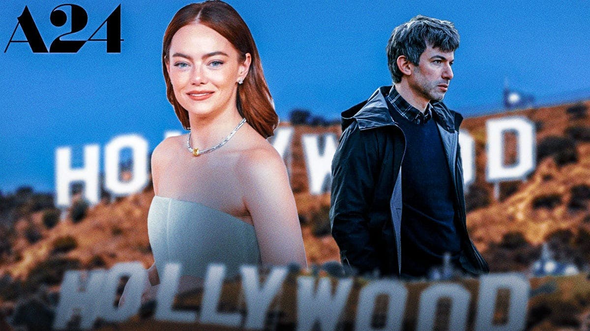 Checkmate star and director Emma Stone and Nathan Fielder with Hollywood sign and A24 logo.