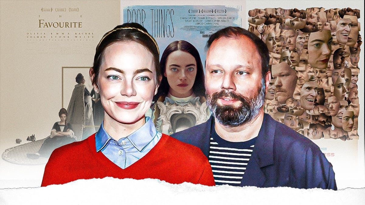 Bugonia star and director Emma Stone and Yorgos Lanthimos with posters of The Favourite, Poor Things, and Kinds of Kindness behind them.