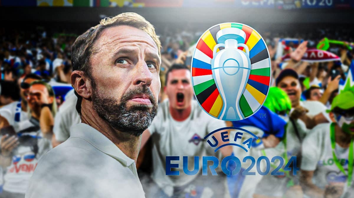 Gareth Southgate in front of angry england fans, the Euro 2024 logo at the back