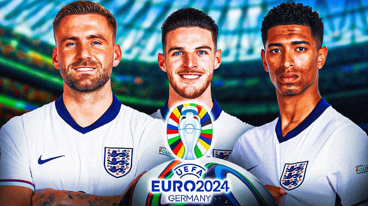 Luke Shaw, Declan Rice, Jude Bellingham in front of the England team and Euro 2024 logos