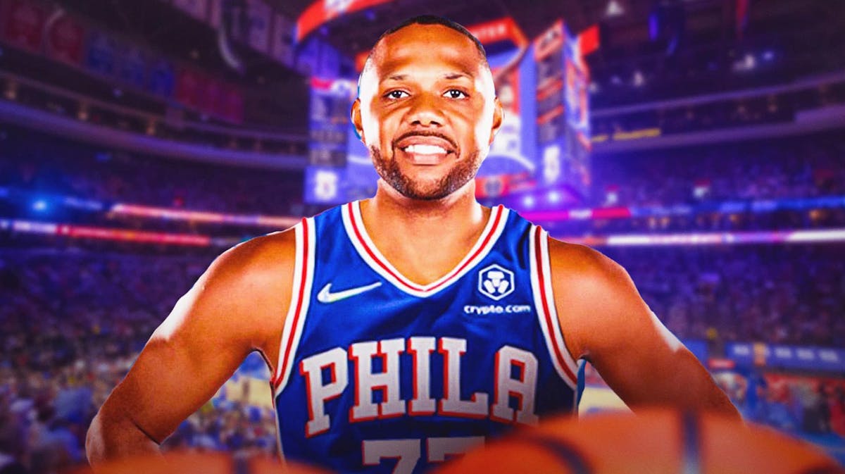 Eric Gordon in a Philadelphia 76ers jersey with the 76ers arena in the background, NBA free agency