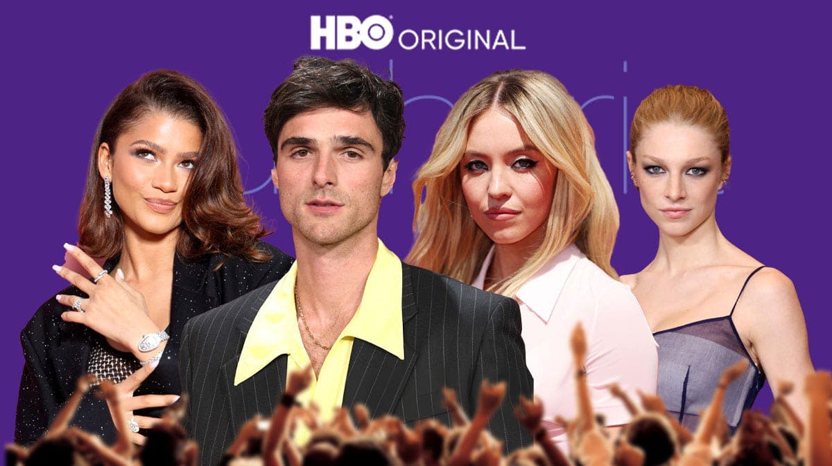 HBO series Euphoria logo with Season 3 stars Zendaya, Jacob Elordi, Sydney Sweeney, and Hunter Schafer.