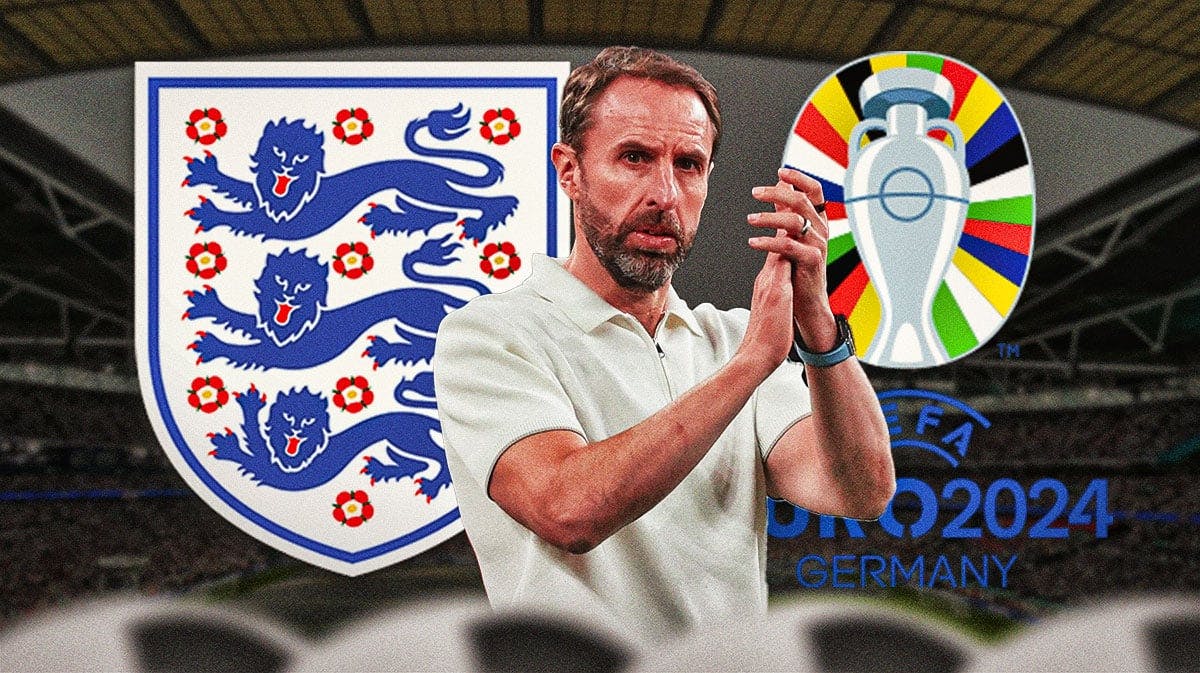 Gareth Southgate in front of the England euro logo and Euro 2024 logo
