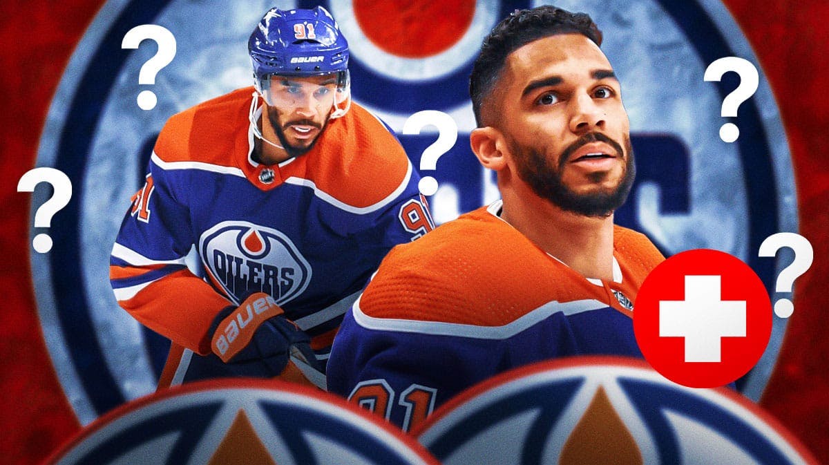 Edmonton Oilers forward Evander Kane with an injury symbol. He is surrounded by question mark emojis. There is also a logo for the Edmonton Oilers.