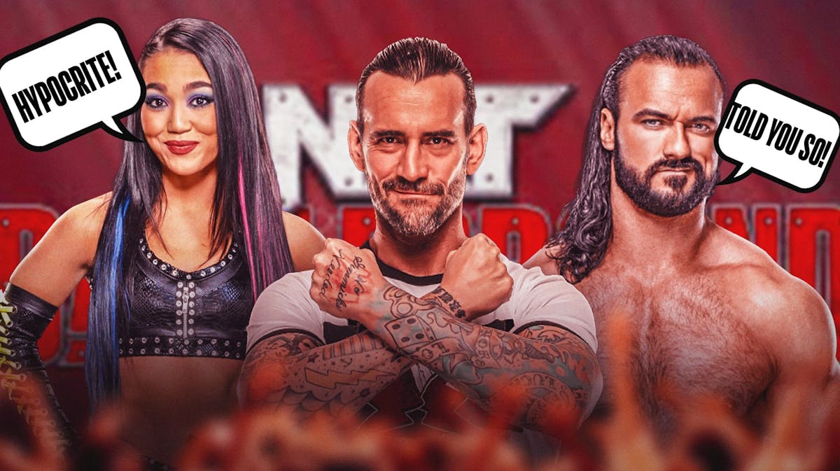 Roxanne Perez on the left with a text bubble reading "Hypocrite!" CM Punk in the middle and Drew McIntyre on the right with a text bubble reading "Told you so!" with the NXT Battleground logo as the background.