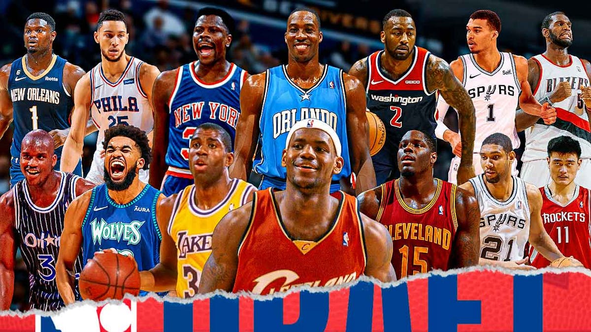 LeBron James (Cavaliers first stint), Magic Johnson (Lakers), Anthony Bennett (Cavaliers), Karl-Anthony Towns (Timberwolves), Tim Duncan (Spurs), Shaq O'Neal (Magic), Chris Webber (draft night suit), Yao Ming (Rockets), Dwight Howard (Magic), Patrick Ewing (Knicks), John Wall (Wizards), Victor Wembanyama (Spurs), Ben Simmons (76ers), Greg Oden (Trail Blazers), Zion Williamson (Pelicans) all together with NBA Draft logo in front.