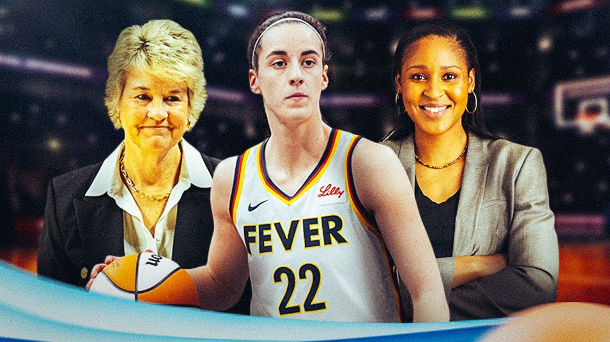 cut-outs of Former Iowa women's basketball coach Lisa Bluder, Indiana Fever player Caitlin Clark and former WNBA star Maya Moore
