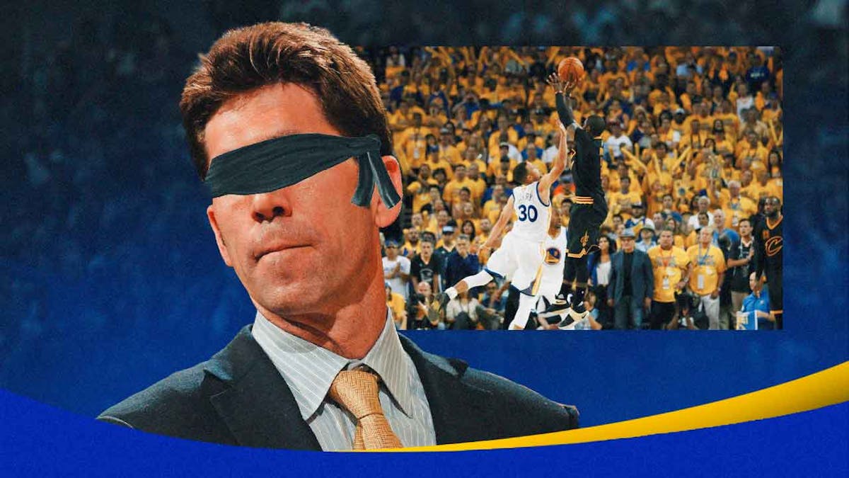 Bob Myers with a blindfold on, with a picture of Cavs' Kyrie Irving draining the iconic three-pointer over Warriors' Stephen Curry in the 2016 NBA Finals