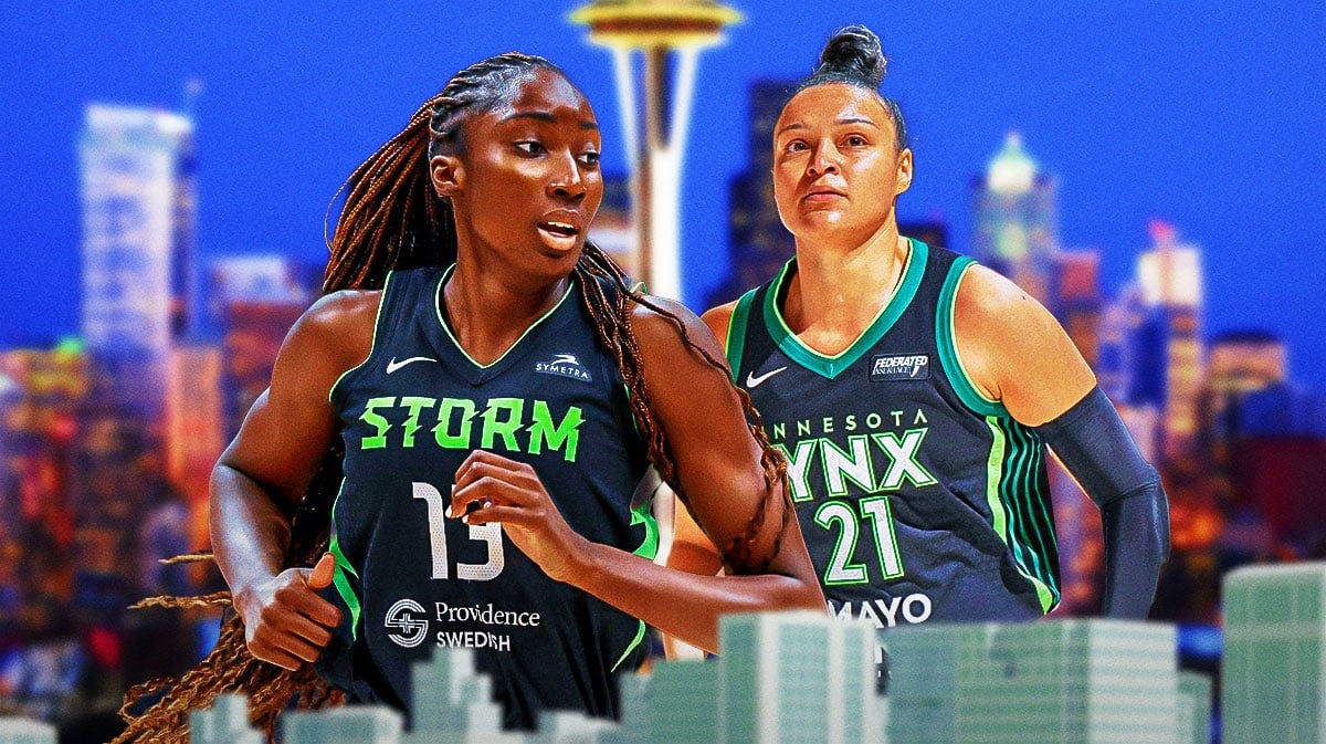 Seattle Storm player Ezi Magbegor (please make sure she is in a Seattle Storm jersey) and Minnesota Lynx player Kayla McBridge