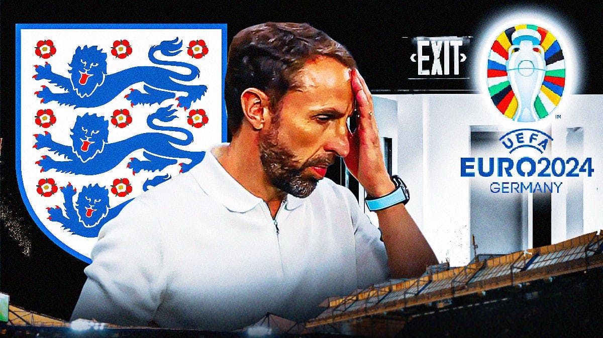 Gareth Southgate in front of an exit door, the Euro 2024 and England team logos on the sides