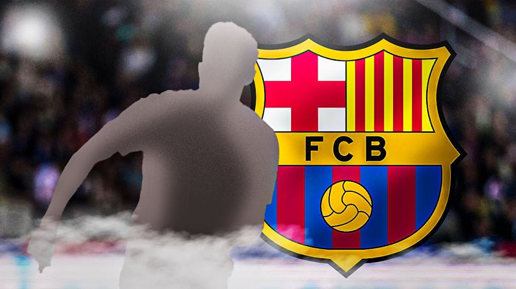The silhouette of Luis Diaz in front of the Barcelona logo