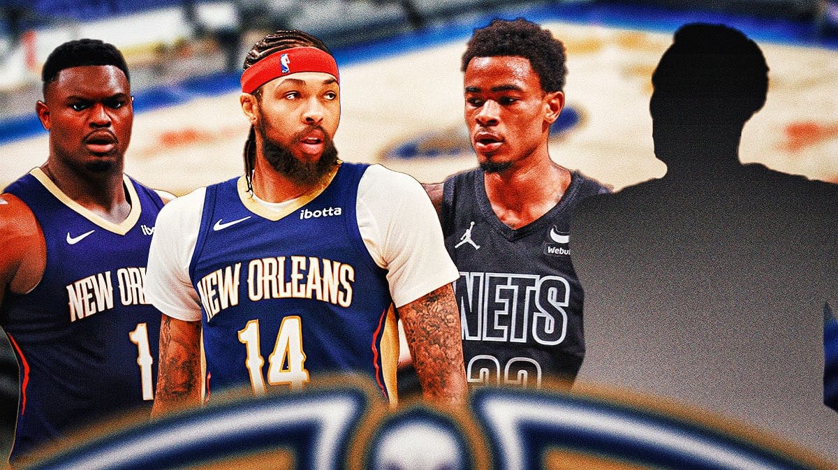 Pelicans' Brandon Ingram and Zion Williamson looking serious, with Nets' Nicolas Claxton on the side as well as the silhouette of Hawks' Dejounte Murray