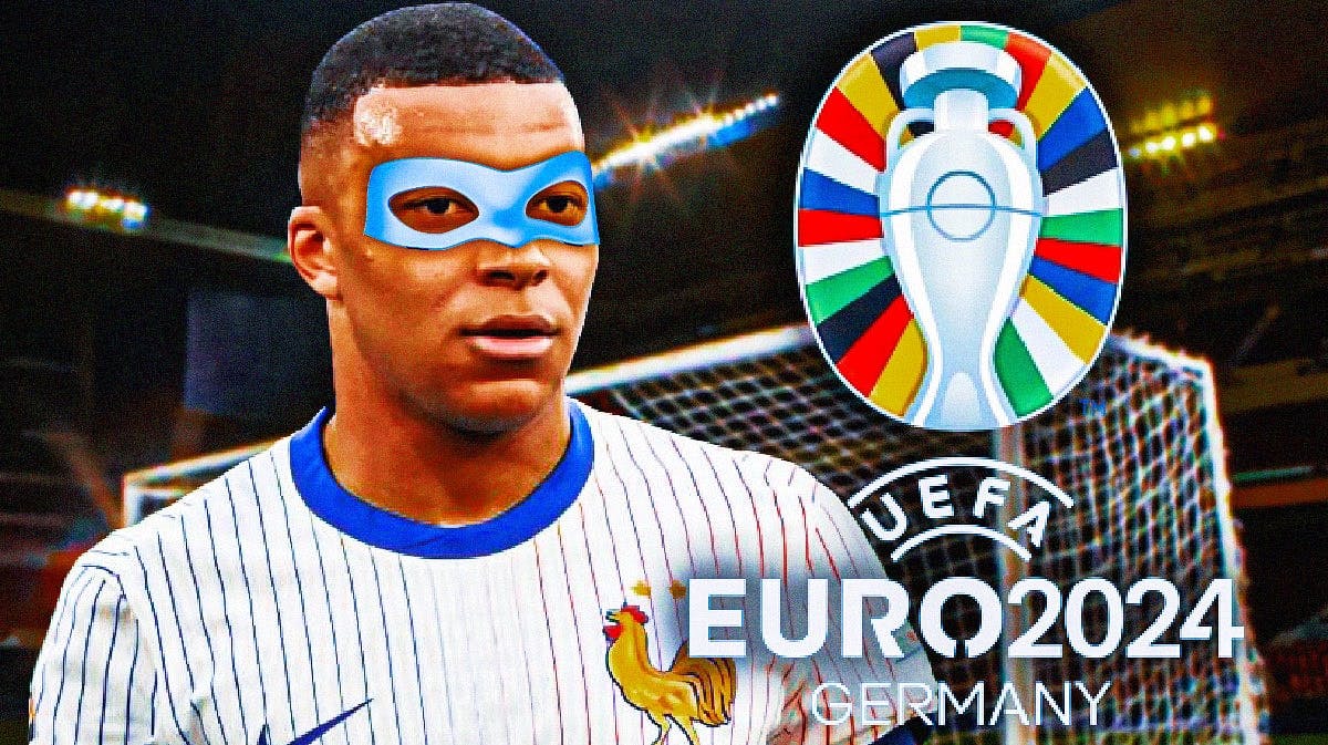 Kylian Mbappe wearing a Teenage Mutant Ninja Turtle Mask in front of the Euro 2024 logo