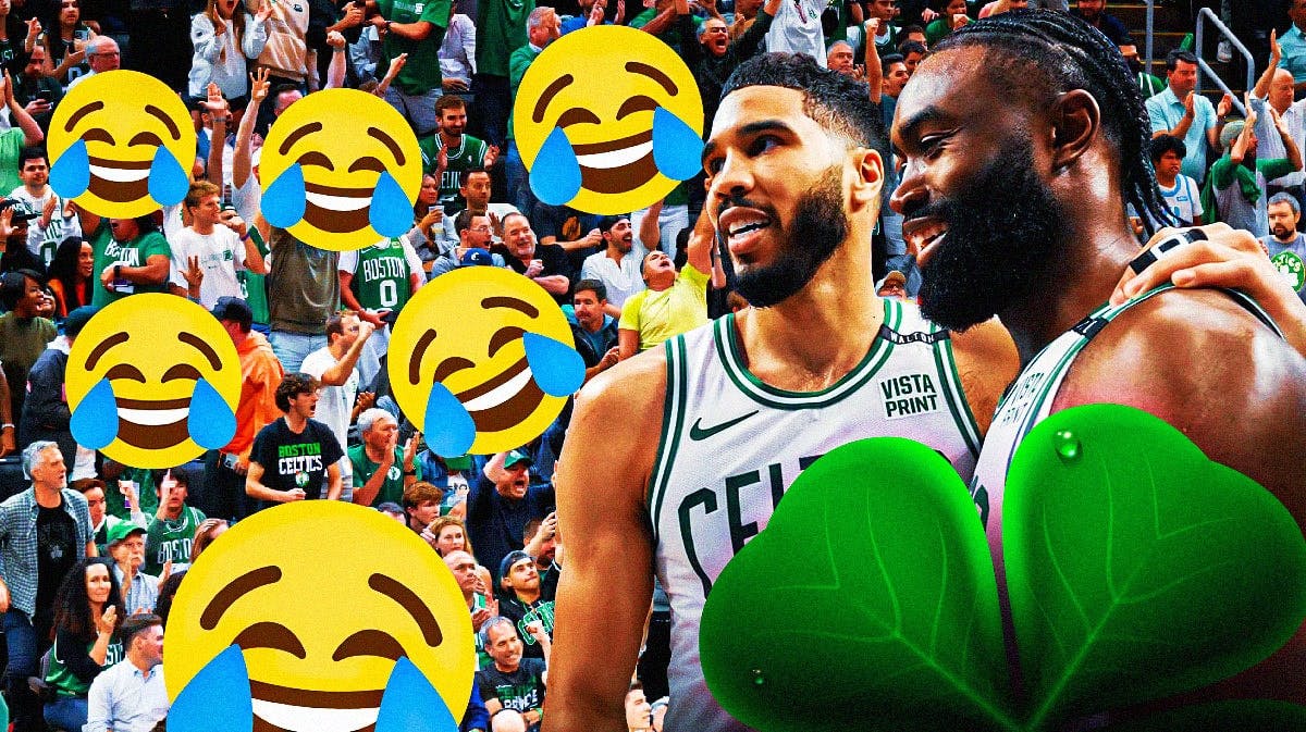 Jaylen Brown and Jayson Tatum on one side, a bunch of Boston Celtics fans on the other side, a bunch of crying laughing emojis in the background