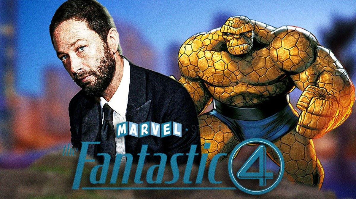 Ebon Moss-Bachrach with MCU Fantastic Four logo and The Thing from Marvel Comics.