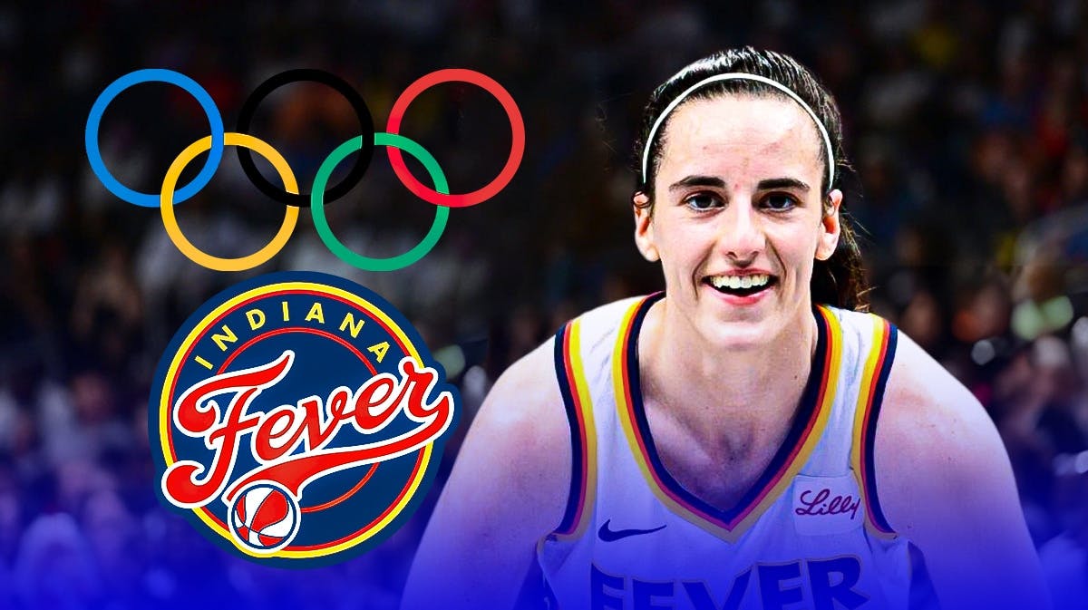 Fever guard Caitlin Clark stands next to Olympics logo, Italy crowd in background