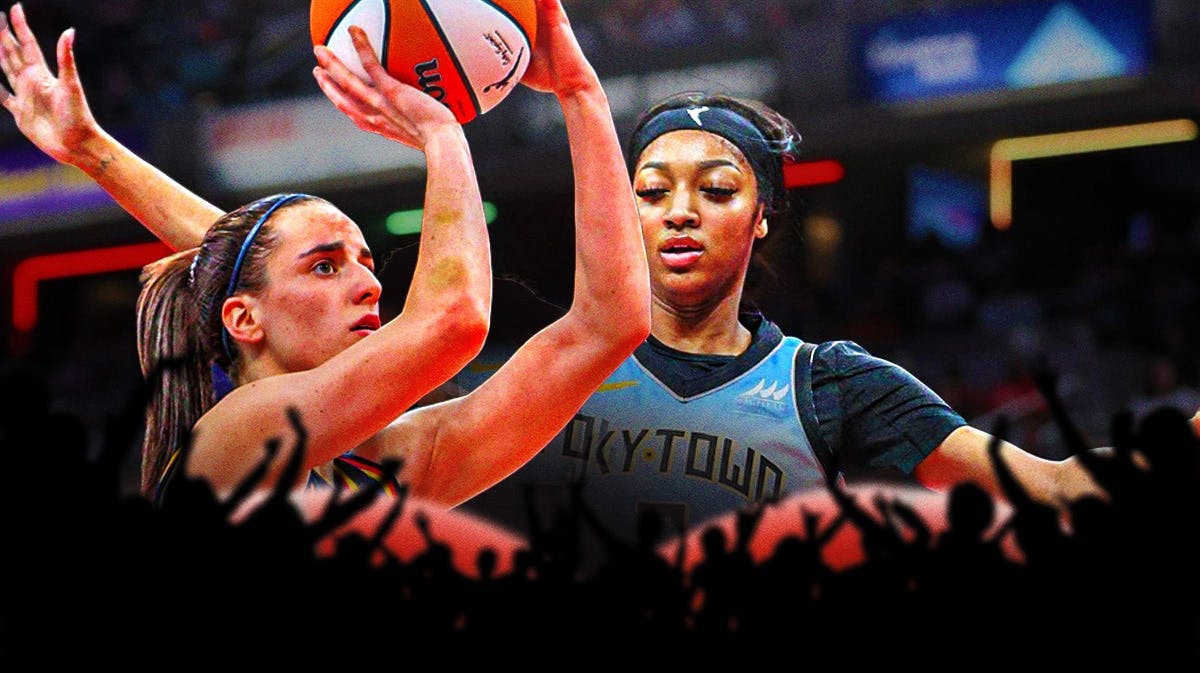 Caitlin Clark shooting on one side in a fever jersey and Angel Reese in a Chicago Sky jersey with her arms up going for a block