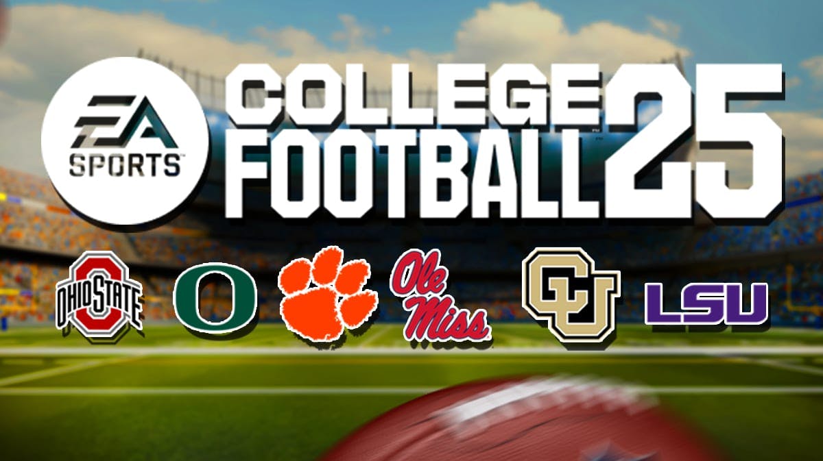 EA Sports College Football 25 logo in middle with Ohio State, Oregon, Clemson, Ole Miss, Colorado, LSU logos
