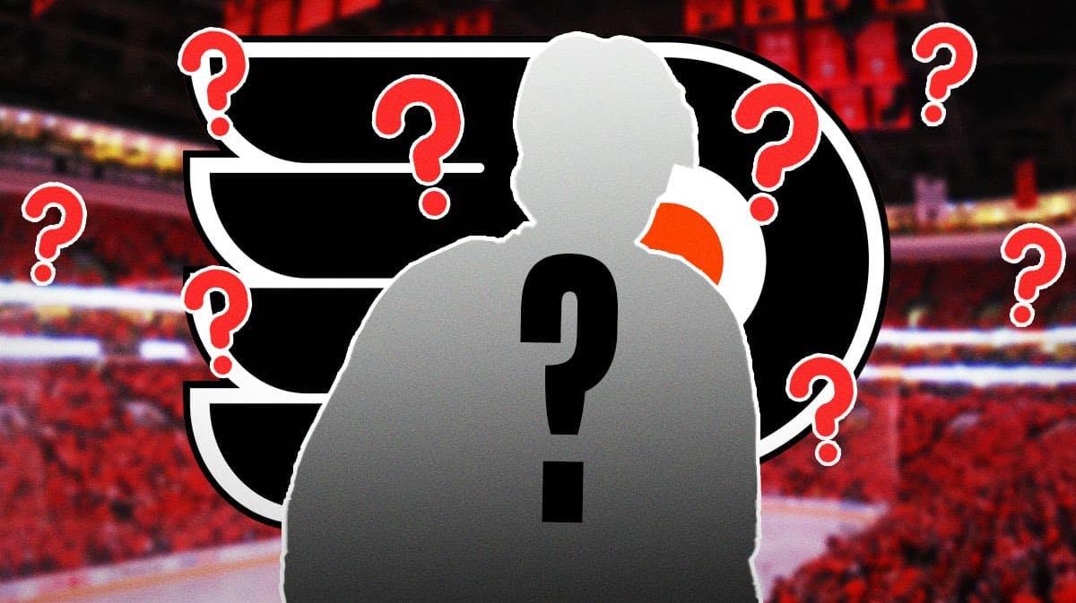 A silhouette of a hockey player with a big question mark emoji inside. It is surrounded by red question mark emojis. There is also a logo for the Philadelphia Flyers.