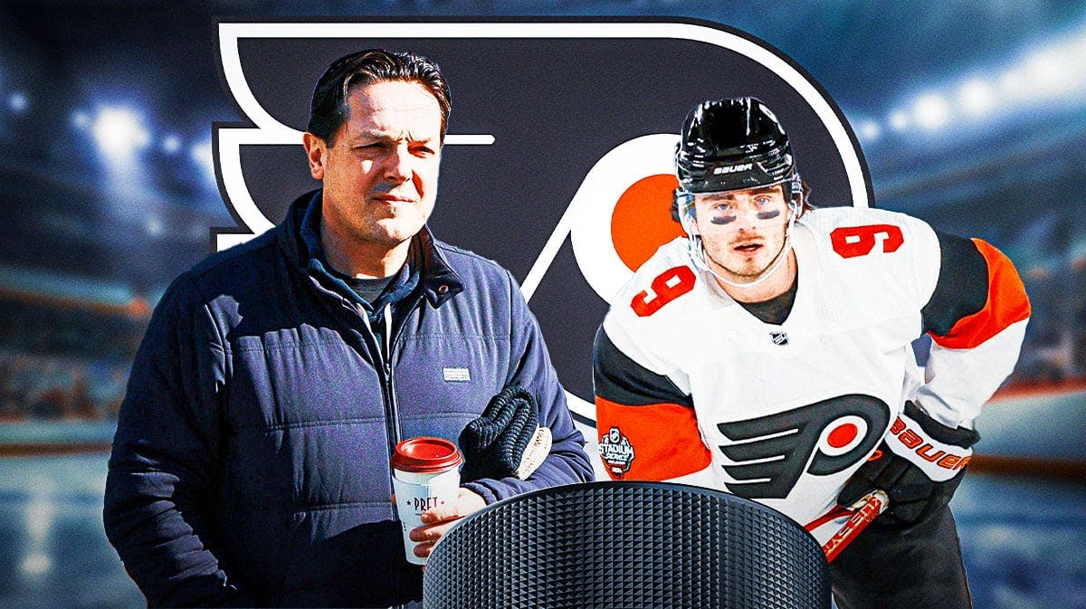 Jamie Drysdale in middle of image looking hopeful, general manager Danny Briere in image, Philadelphia Flyers logo, hockey rink in background