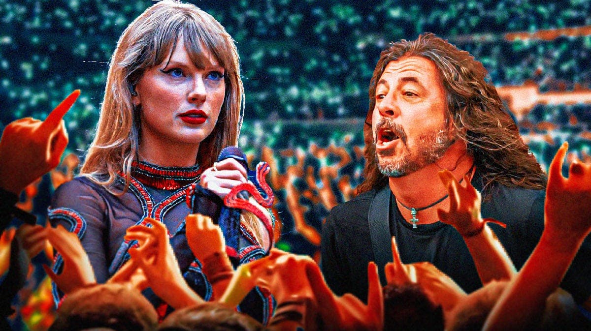 Taylor Swift who is on the Eras tour and Foo Fighters' Dave Grohl with concert crowd background.
