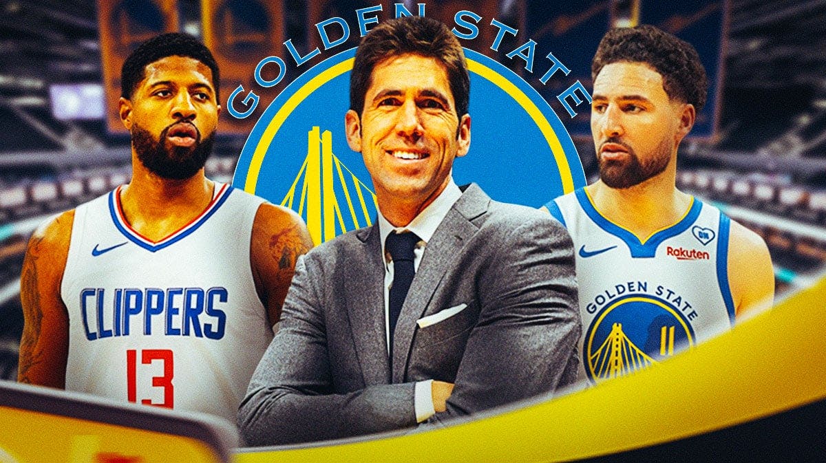 Los Angeles Clippers player Paul George, former Golden State Warriors general manager Bob Myers, and Warriors player Klay Thompson