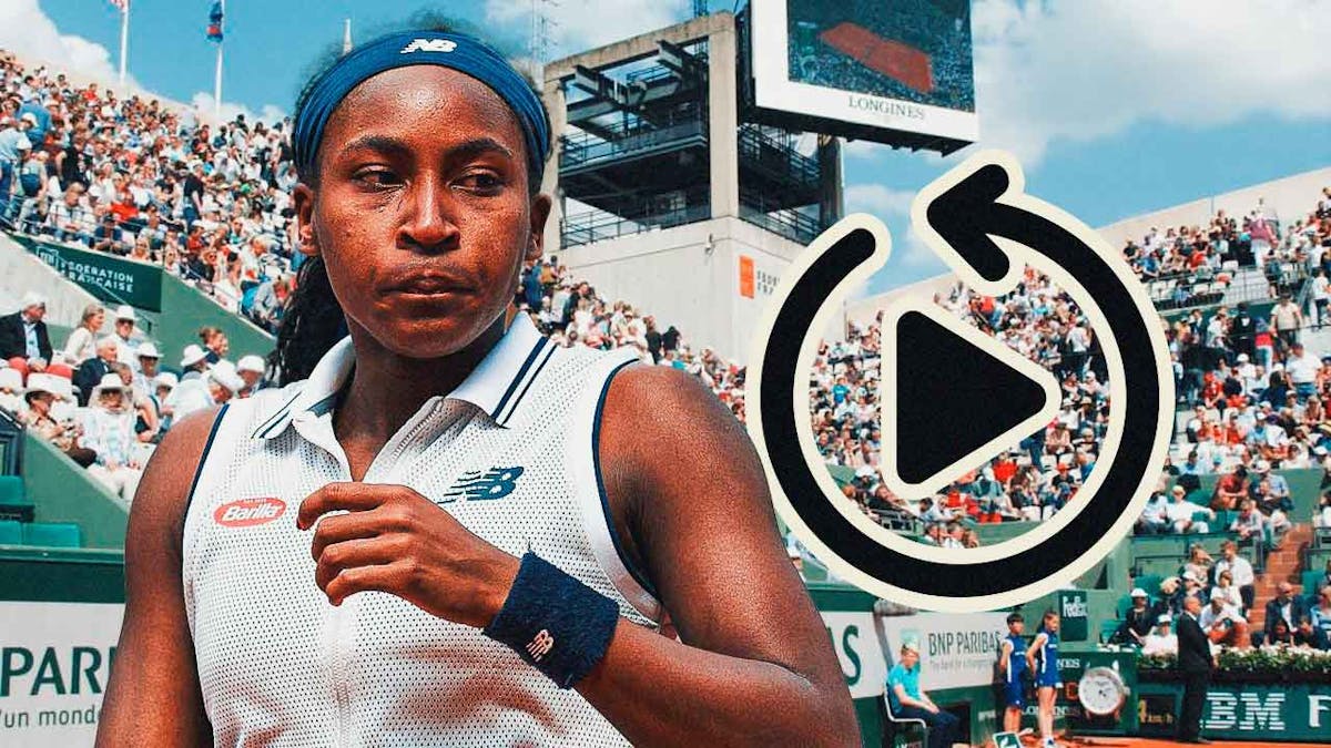 Women's tennis player Coco Gauff, with Roland Garros Stadium in Paris, France as the background (Where the French Open is played) as well as a giant "video replay" symbol