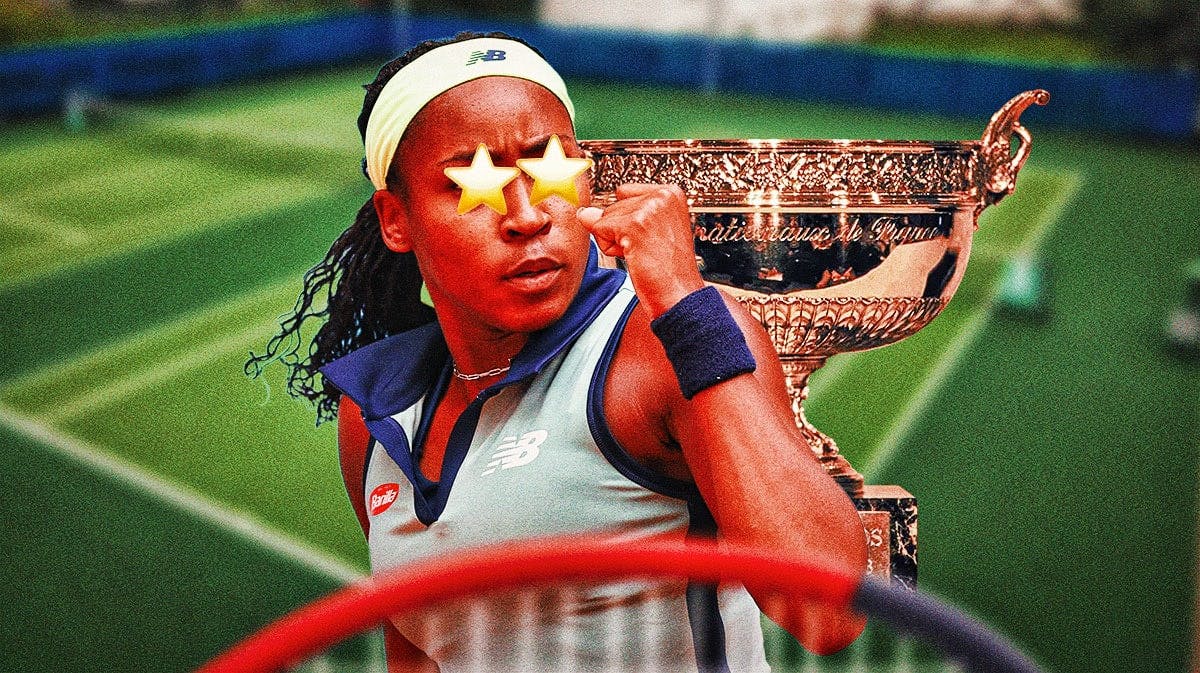 Women’s tennis player Coco Gauff on a tennis court, with a trophy and stars in her eyes