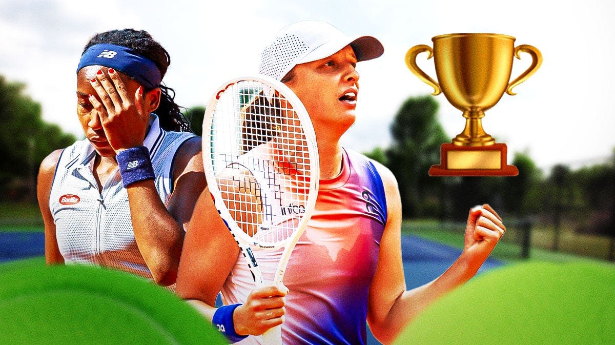 Women's tennis player Iga Swiatek, playing tennis. Add a trophy emoji to the image in a spot so it looks like Swiatek is looking at/going after the trophy. In the background, please ad women's tennis player Coco Gauff.