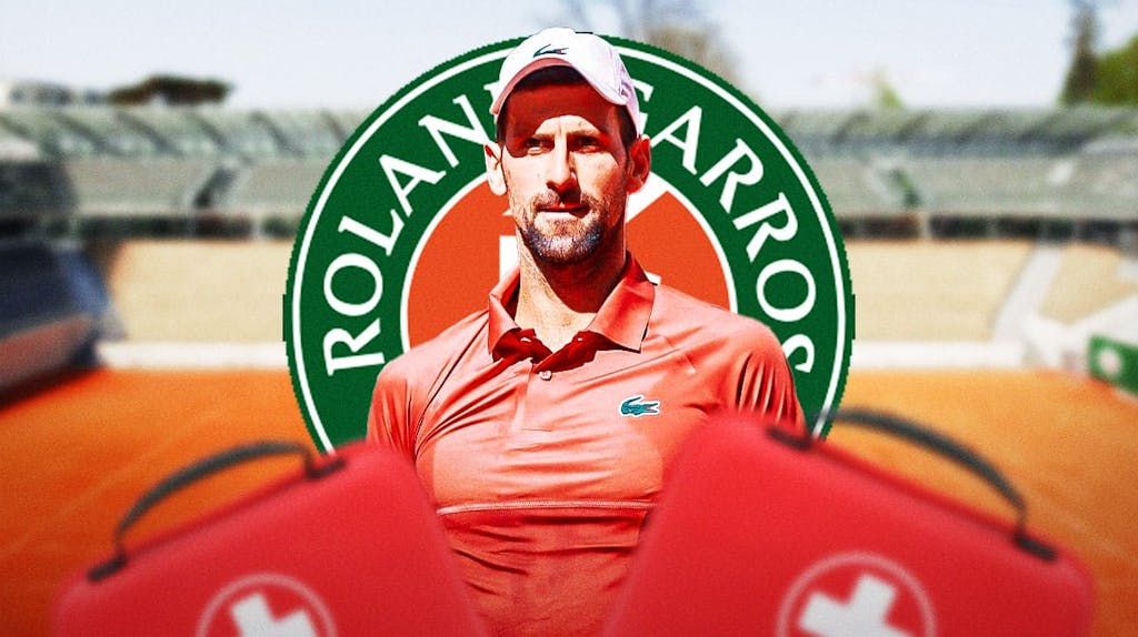Novak Djokovic in middle of image looking stern with first aid kit, French Open logo and French Open in background